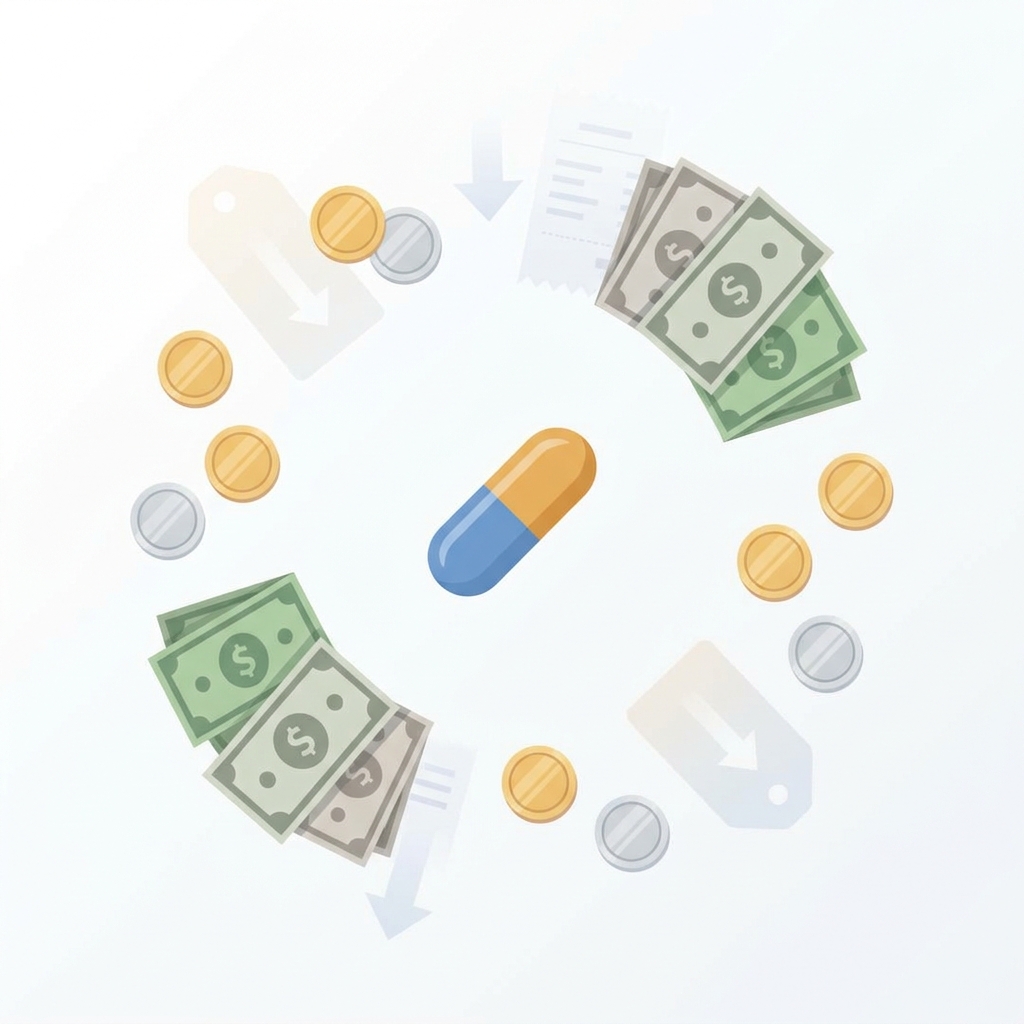Single combination hair loss capsule surrounded by coins illustrating hair loss medication cost savings vs buying separately