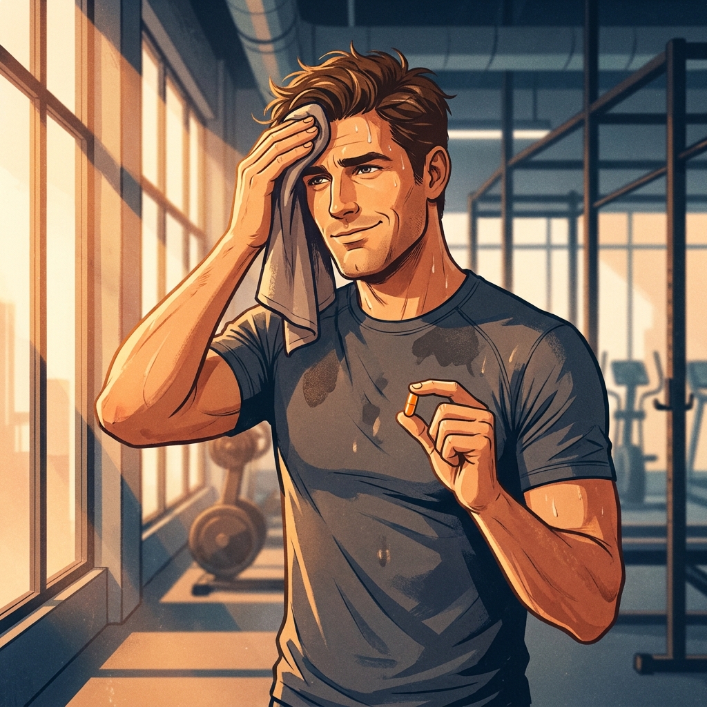 Athletic man considering oral hair loss treatment for men who sweat a lot, holding a daily capsule after workout Athletic man considering oral hair loss treatment for men who sweat a lot, holding a daily capsule after workout
