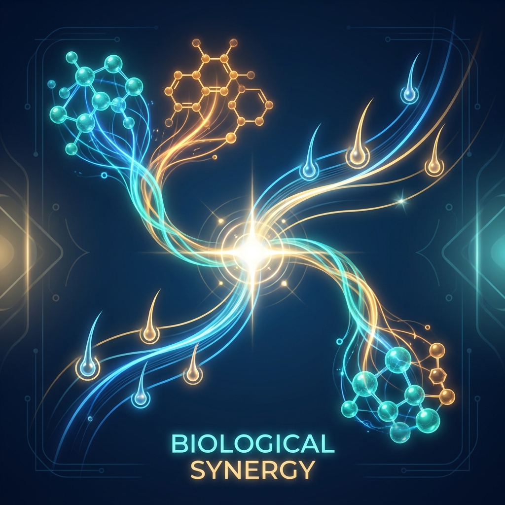 Stylized illustration of two molecular pathways merging, representing minoxidil dutasteride combination treatment synergy Stylized illustration of two molecular pathways merging, representing minoxidil dutasteride combination treatment synergy