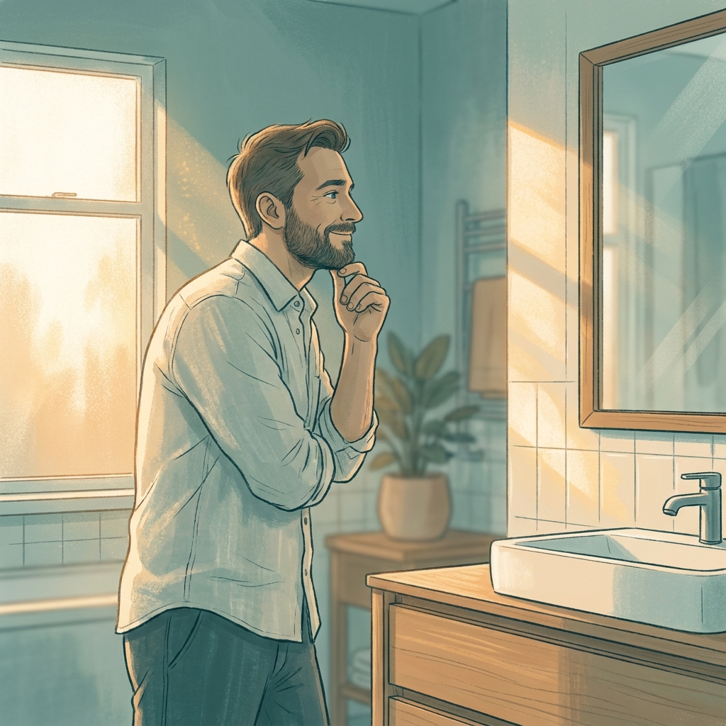 Man reflecting in mirror at 3 months hair loss treatment results milestone, hopeful morning light Man reflecting in mirror at 3 months hair loss treatment results milestone, hopeful morning light