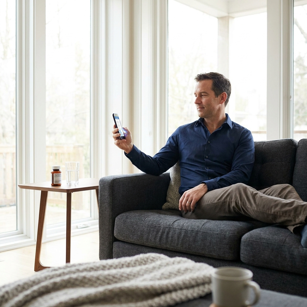 Man completing a telehealth men’s health prescription consultation on his smartphone at home Man completing a telehealth men's health prescription consultation on his smartphone at home