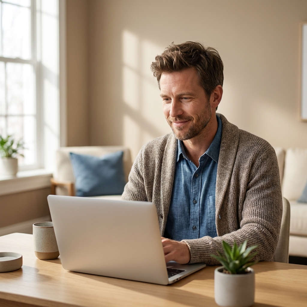Man completing an online medical consultation for hair loss on a laptop at home Man completing an online medical consultation for hair loss on a laptop at home