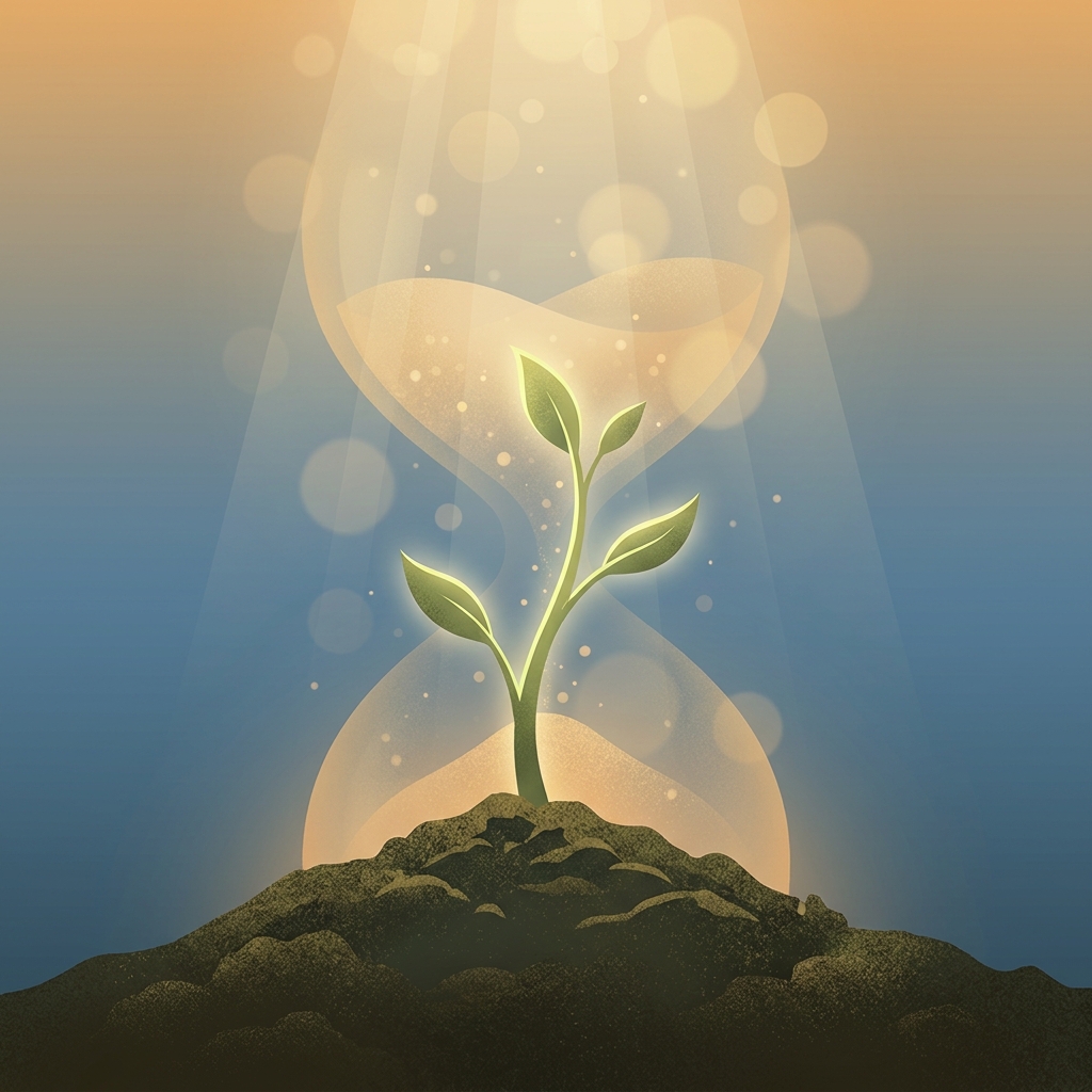 Green sapling growing before an hourglass, symbolizing the benefits of starting hair loss treatment early Green sapling growing before an hourglass, symbolizing the benefits of starting hair loss treatment early