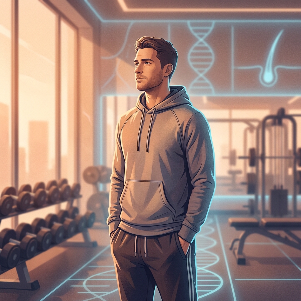 Confident man in gym setting with subtle science motifs illustrating the exercise and hair loss connection in men