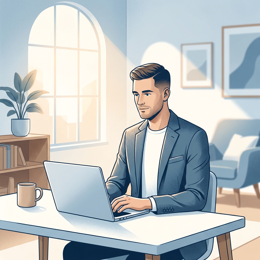 Man researching a legitimate online hair loss prescription platform on a laptop in a modern home setting. Man researching a legitimate online hair loss prescription platform on a laptop in a modern home setting.