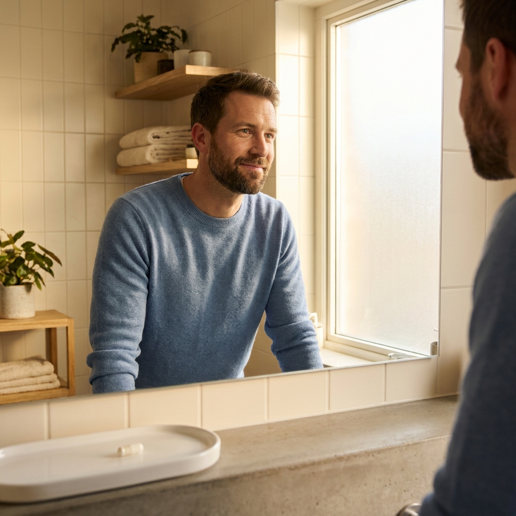 Man confidently examining his hair in mirror, representing effective hair loss treatment without surgery Man confidently examining his hair in mirror, representing effective hair loss treatment without surgery