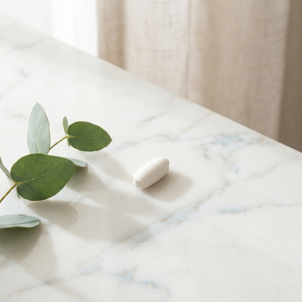Single daily capsule representing the simplest hair loss treatment regimen on a clean white surface Single daily capsule representing the simplest hair loss treatment regimen on a clean white surface