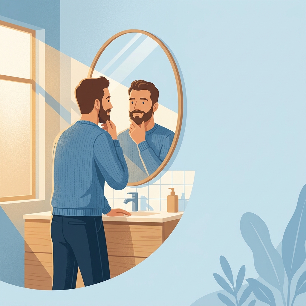 Man examining his hairline in mirror, representing awareness of stages of male pattern baldness