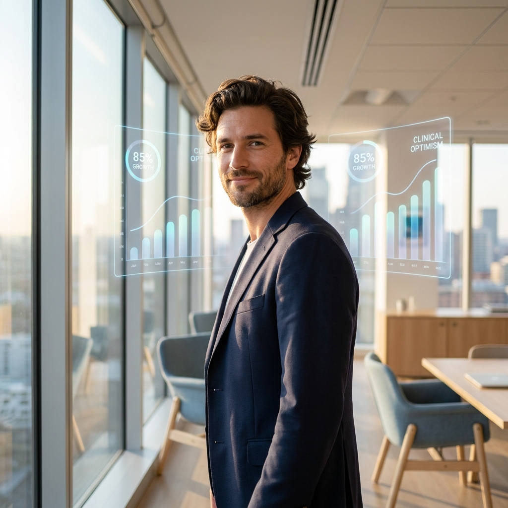 Confident man with healthy hair surrounded by subtle clinical data graphics representing hair loss treatment success rate statistics