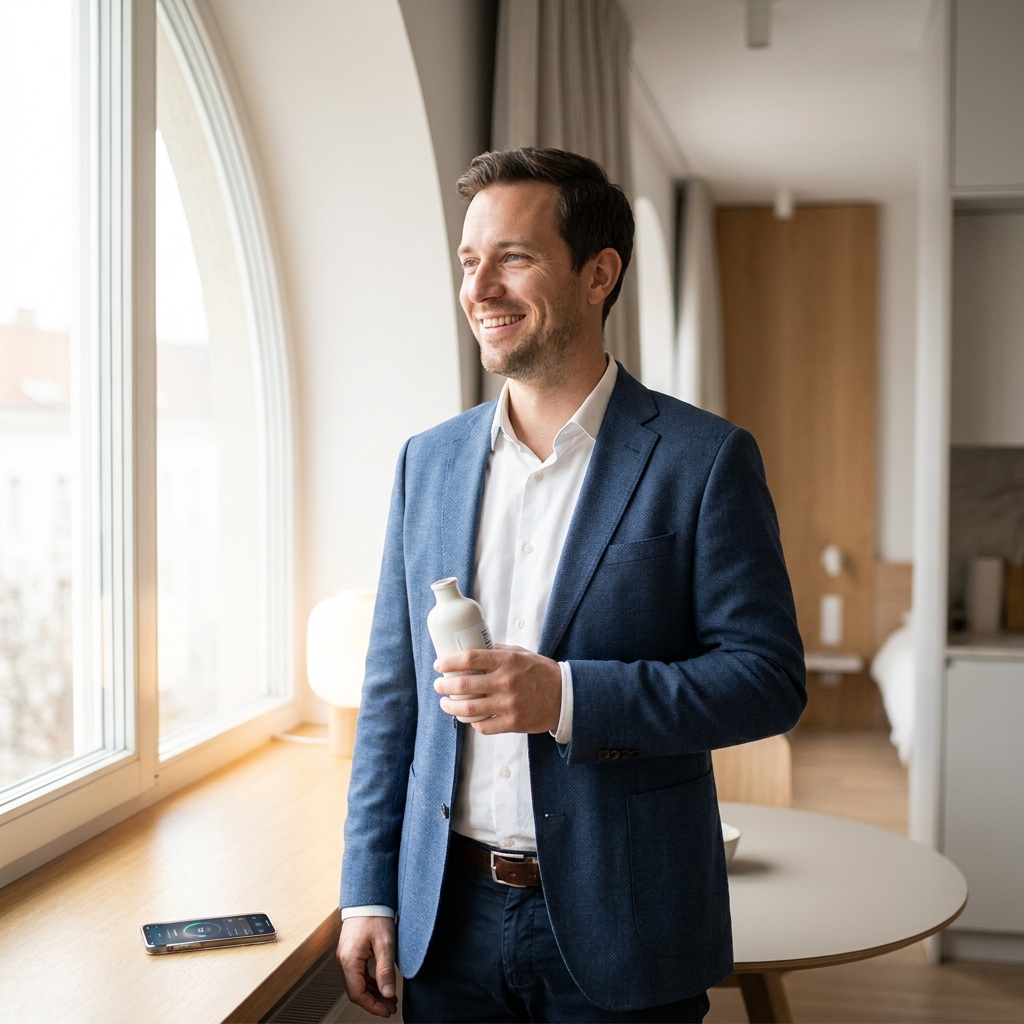 Man confidently holding prescription hair loss medication ordered online in the US through a telehealth service
