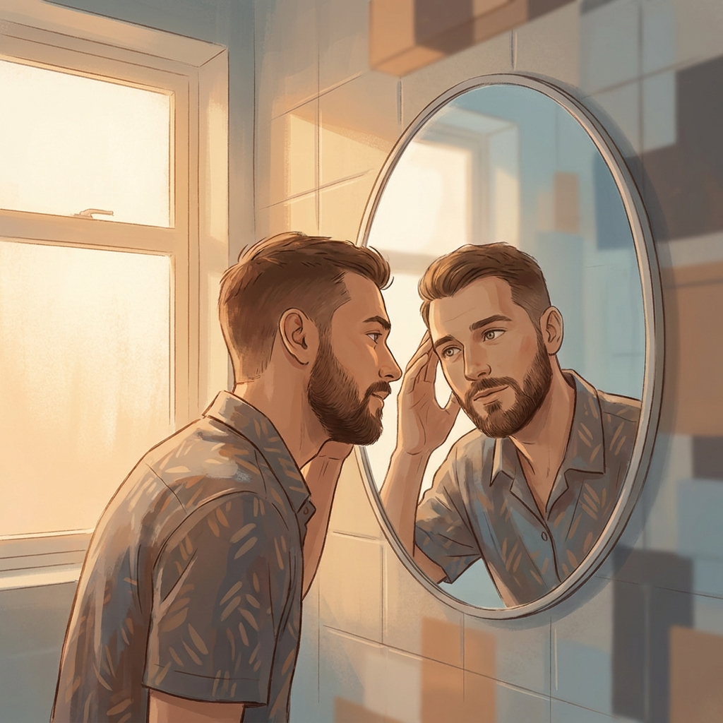 Young man examining hairline in mirror, noticing early signs of male pattern baldness Young man examining hairline in mirror, noticing early signs of male pattern baldness