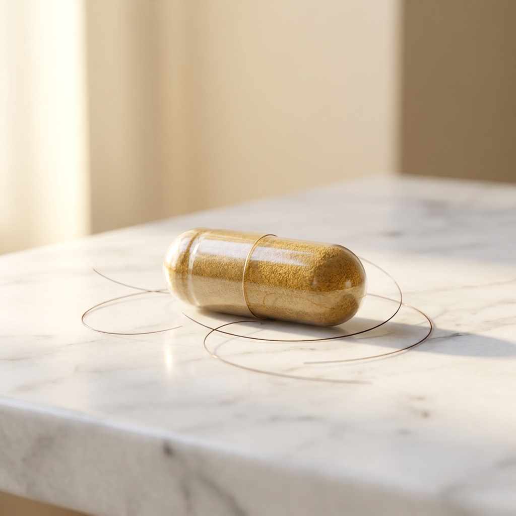 Single daily capsule offering hair loss treatment without messy application on clean white surface Single daily capsule offering hair loss treatment without messy application on clean white surface