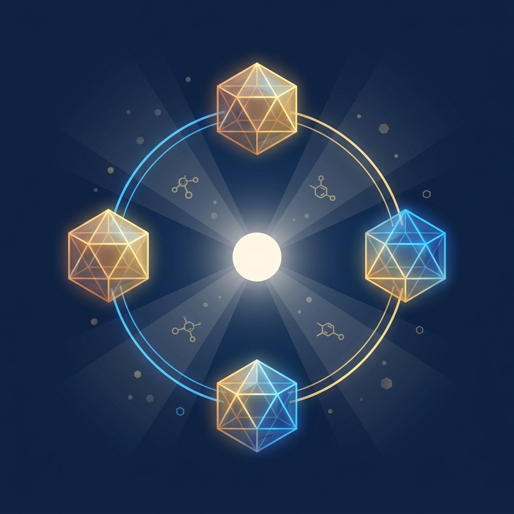 Stylized illustration representing a hair loss pill ingredient breakdown with glowing capsule components on navy background Stylized illustration representing a hair loss pill ingredient breakdown with glowing capsule components on navy background