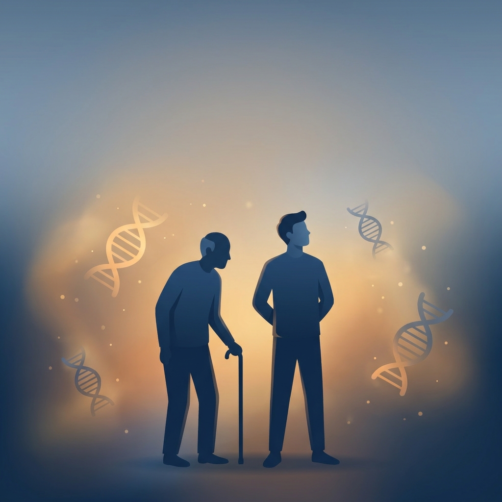 Illustration of father and son silhouettes with DNA strands, representing genetic hair loss risk Illustration of father and son silhouettes with DNA strands, representing genetic hair loss risk