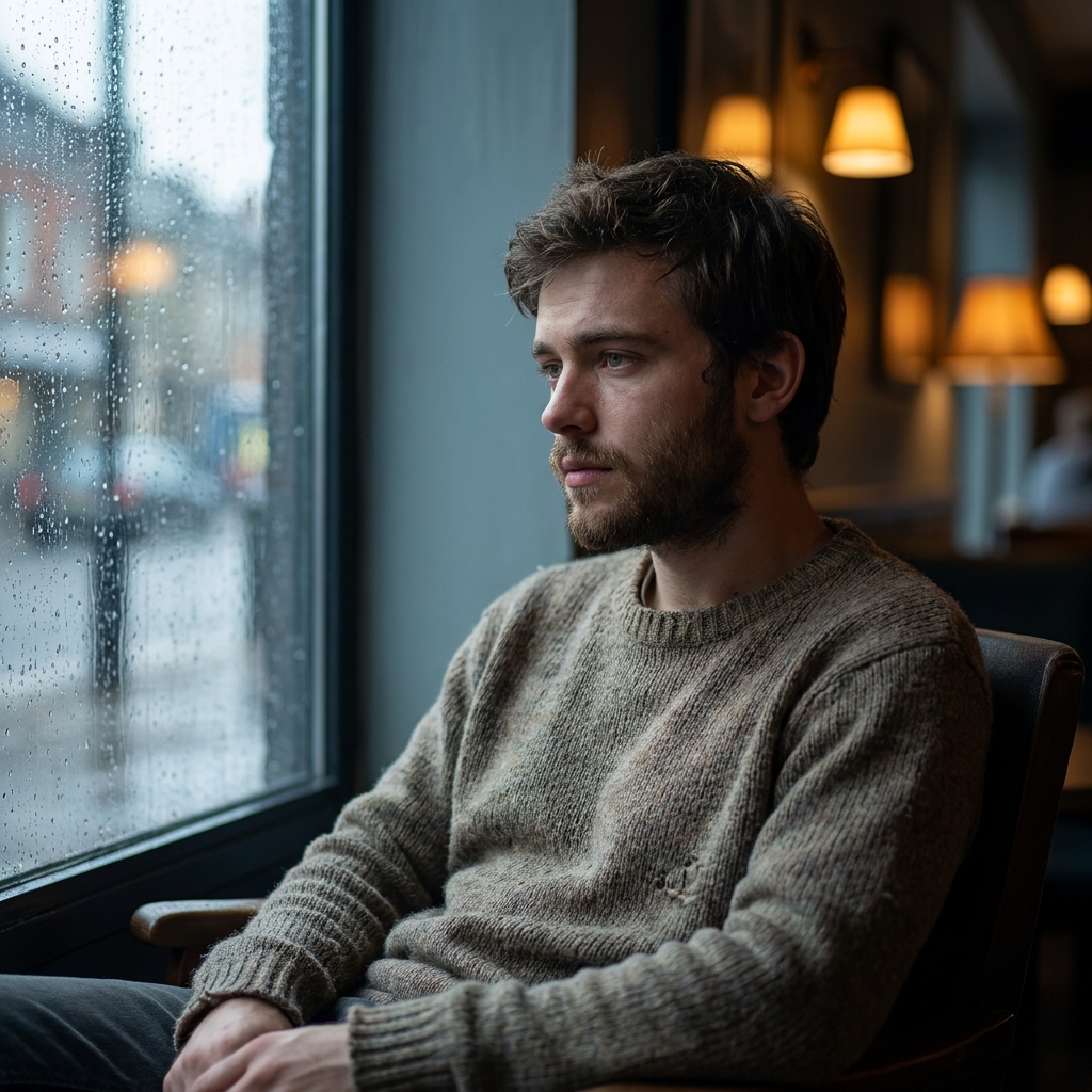 Young man gazing reflectively out a window, representing the psychological impact of men’s hair loss on identity and confidence. Young man gazing reflectively out a window, representing the psychological impact of men's hair loss on identity and confidence.