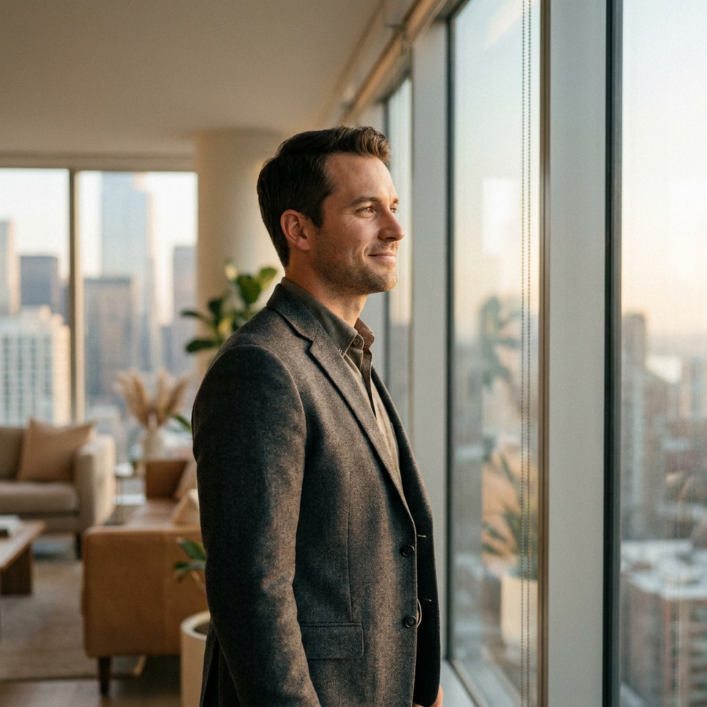Confident man in his 30s looking forward thoughtfully — dealing with hair loss in your 30s with clarity