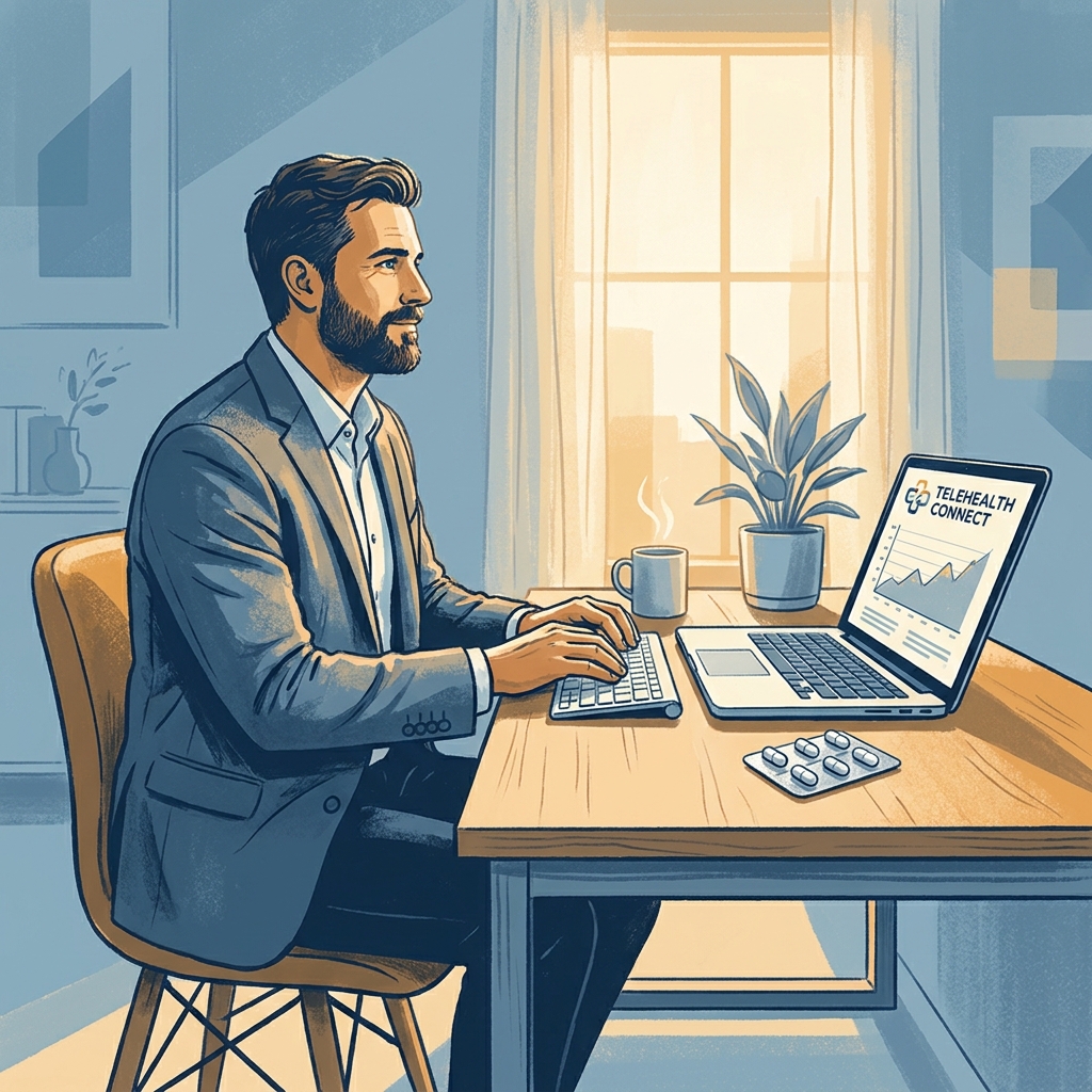 Man using telehealth services at home desk beside a daily hair loss treatment capsule pack Man using telehealth services at home desk beside a daily hair loss treatment capsule pack