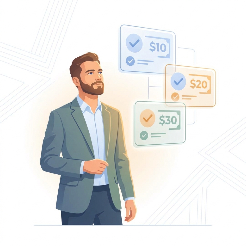Man reviewing hair loss treatment subscription cost options with clear pricing cards, making an informed decision Man reviewing hair loss treatment subscription cost options with clear pricing cards, making an informed decision