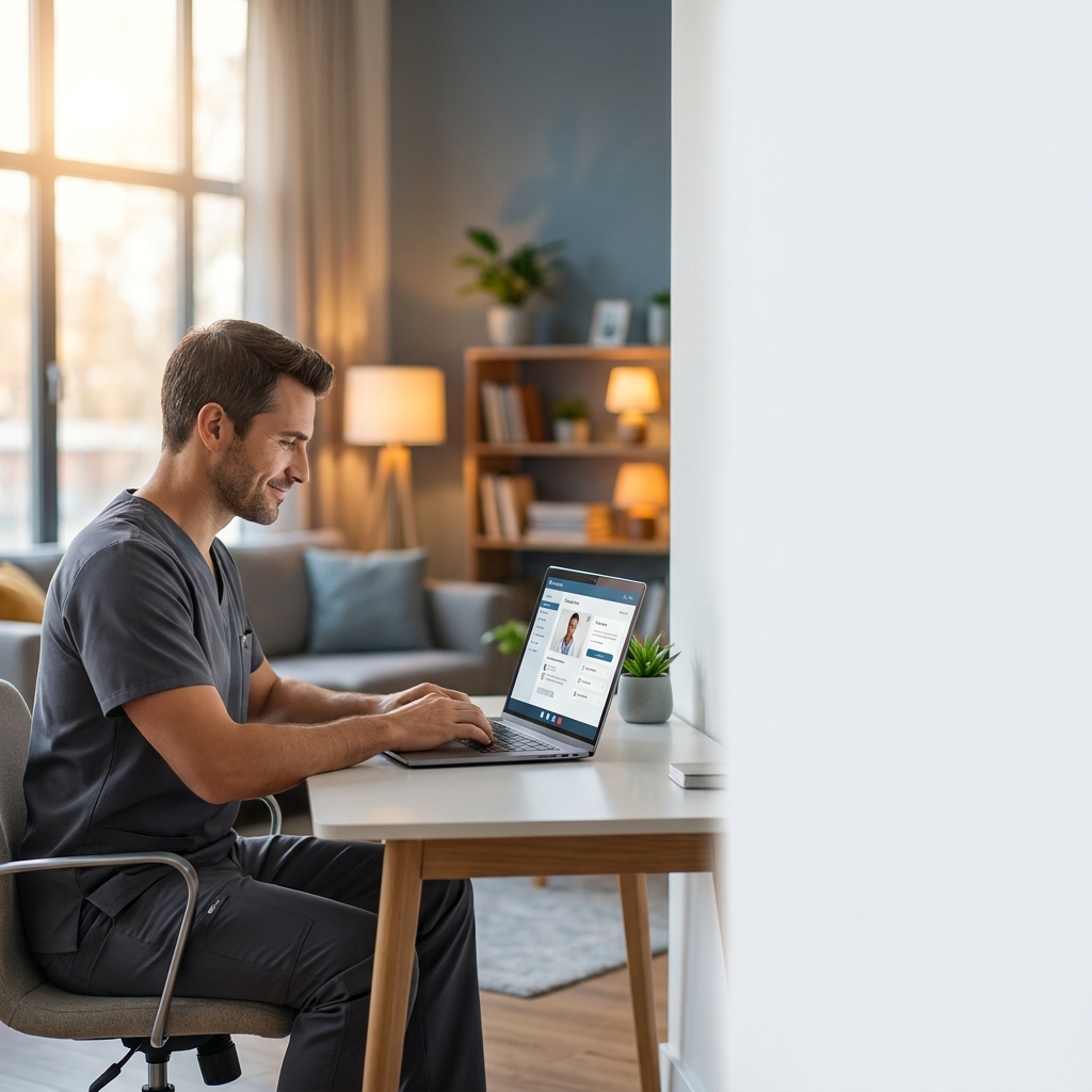 Telehealth nurse careers professional working remotely on laptop in modern bright home office setting