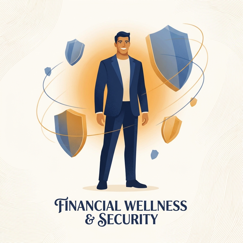 Confident man surrounded by protective shield layers representing a hair loss treatment refund policy Confident man surrounded by protective shield layers representing a hair loss treatment refund policy