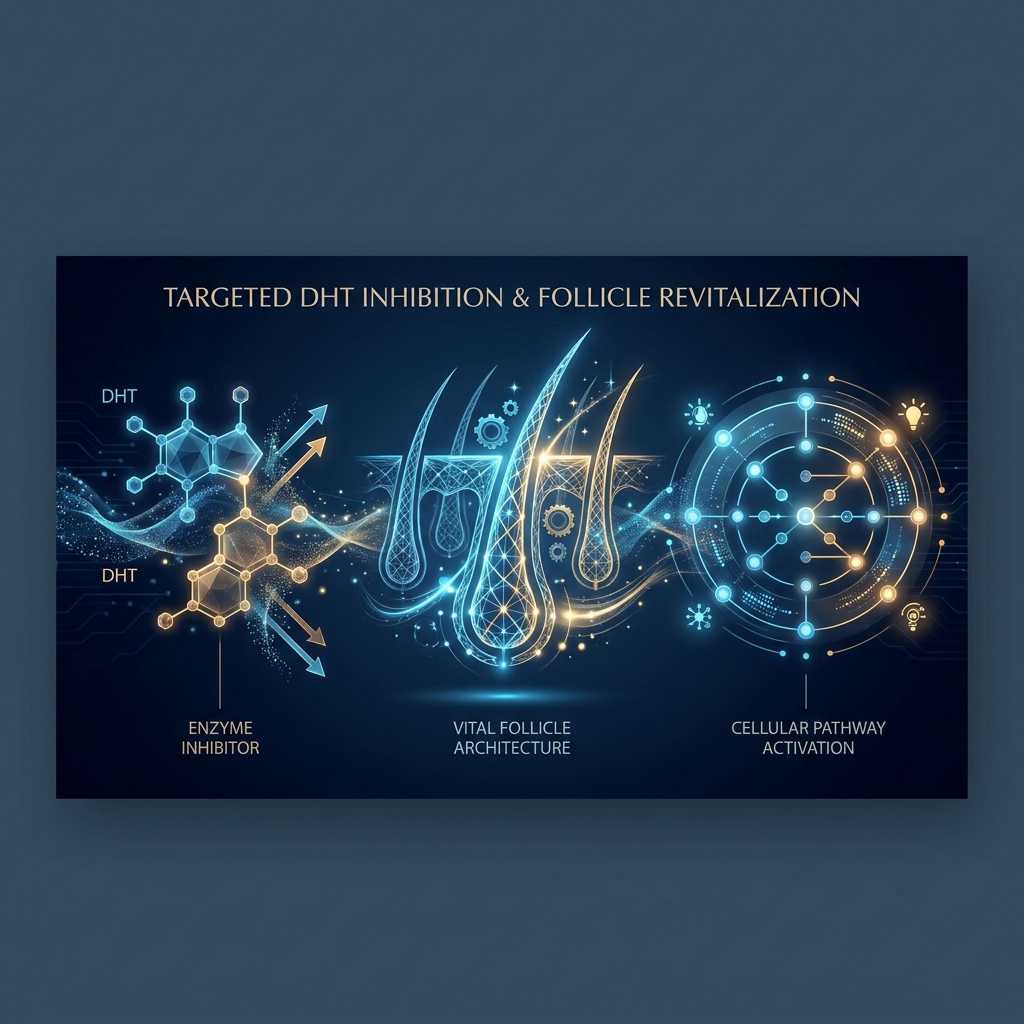 Advanced trichology DHT blocker molecular illustration showing enzyme inhibition pathways for androgenetic alopecia treatment Advanced trichology DHT blocker molecular illustration showing enzyme inhibition pathways for androgenetic alopecia treatment