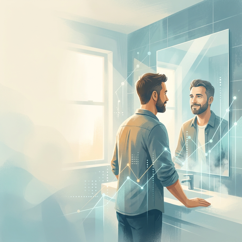 Man confidently examining hair growth progress, representing measurable hair density improvement treatment results Man confidently examining hair growth progress, representing measurable hair density improvement treatment results