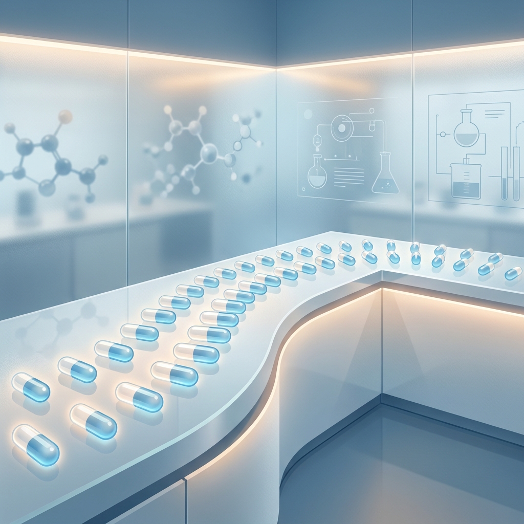 Compounded pharmacy hair loss treatment capsules arranged in a clean, modern pharmaceutical laboratory setting Compounded pharmacy hair loss treatment capsules arranged in a clean, modern pharmaceutical laboratory setting