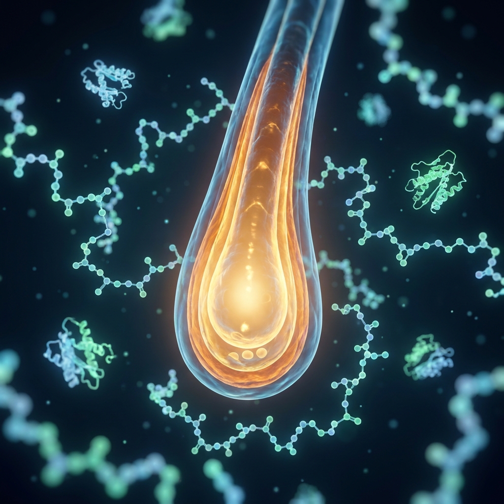 Scientific illustration of a hair follicle surrounded by glowing peptide molecules representing hair regrowth peptide research Scientific illustration of a hair follicle surrounded by glowing peptide molecules representing hair regrowth peptide research
