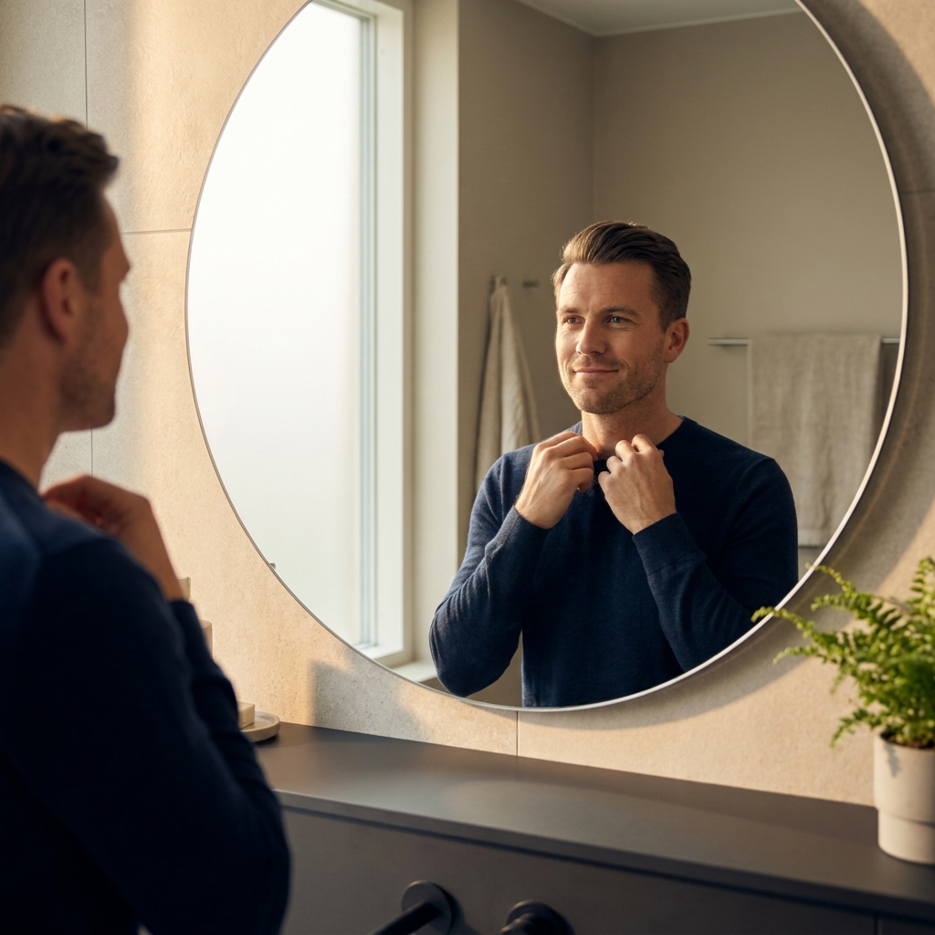 Man confidently styling thinning hair in a modern bathroom mirror, demonstrating effective grooming techniques for men Man confidently styling thinning hair in a modern bathroom mirror, demonstrating effective grooming techniques for men