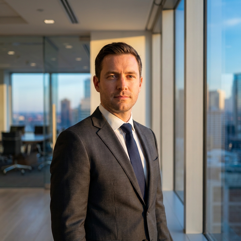 Confident professional man standing in modern office, representing hair loss impact on career confidence Confident professional man standing in modern office, representing hair loss impact on career confidence