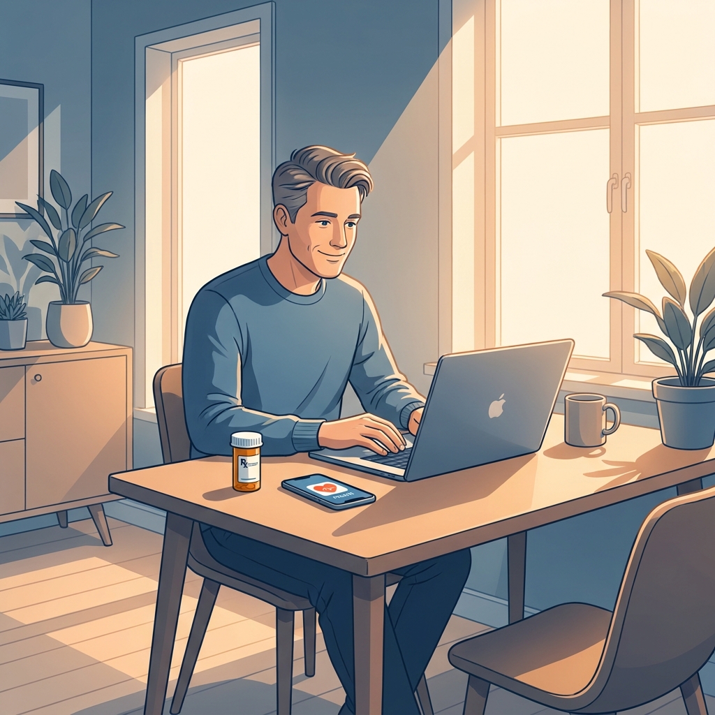 Man accessing telehealth nursing job platform from home for hair loss treatment online Man accessing telehealth nursing job platform from home for hair loss treatment online