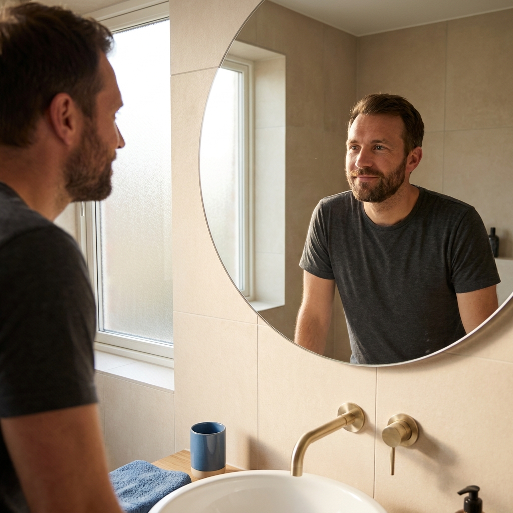 Man confidently examining his hair in a mirror, representing hope around whether hair loss is reversible in men