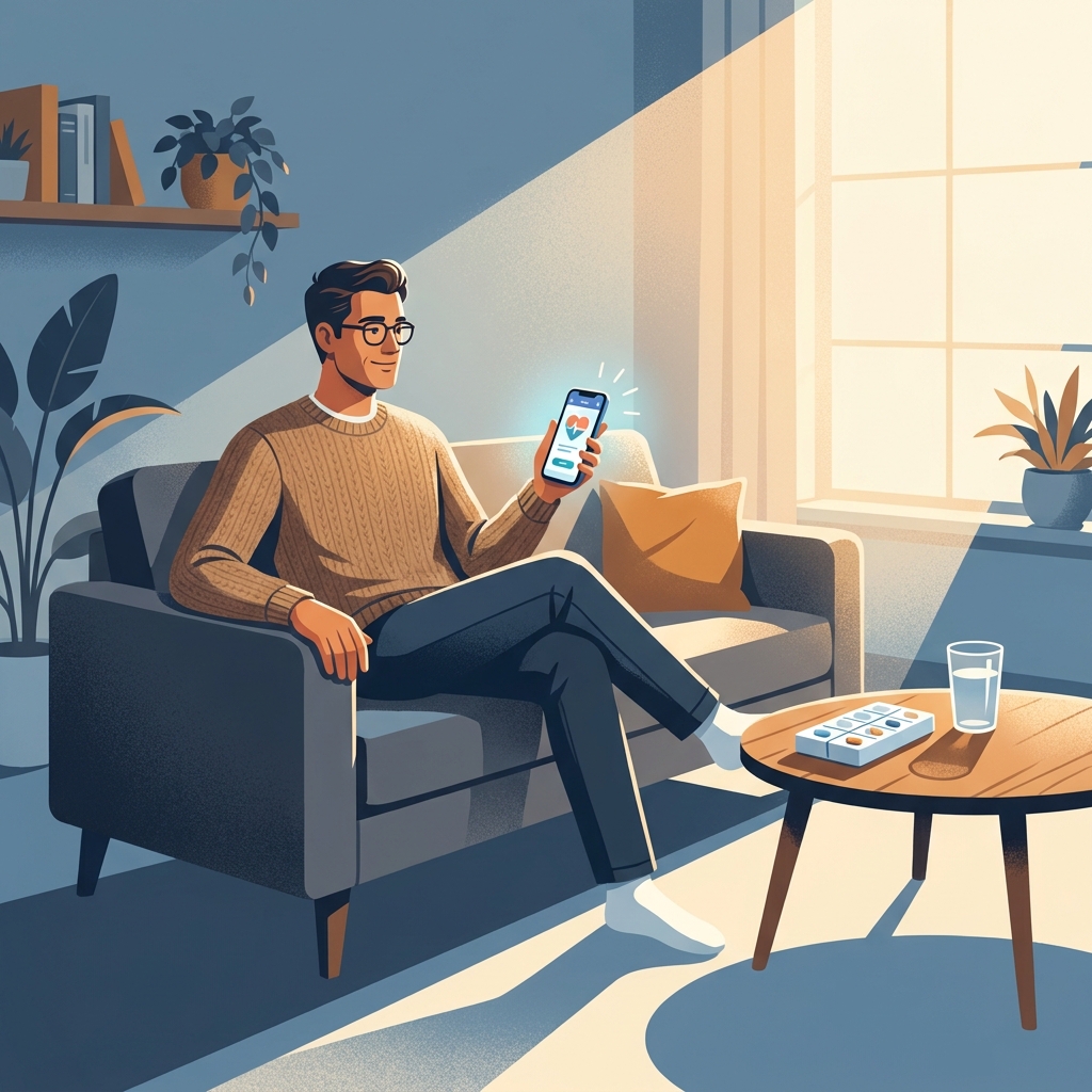 Man using telehealth on smartphone at home for hair loss care, representing telehealth nurses jobs growth Man using telehealth on smartphone at home for hair loss care, representing telehealth nurses jobs growth