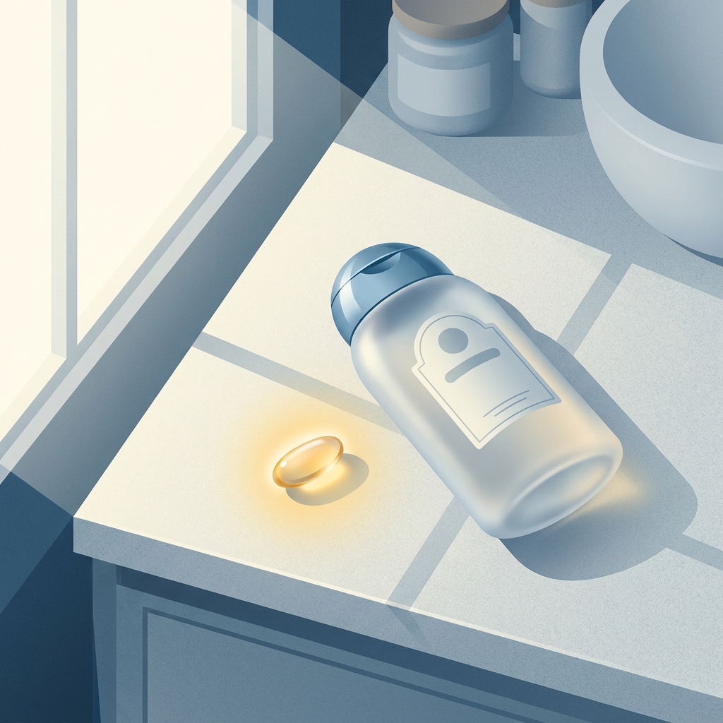 DHT blocker shampoo bottle next to an oral hair loss capsule on a clean bathroom countertop DHT blocker shampoo bottle next to an oral hair loss capsule on a clean bathroom countertop