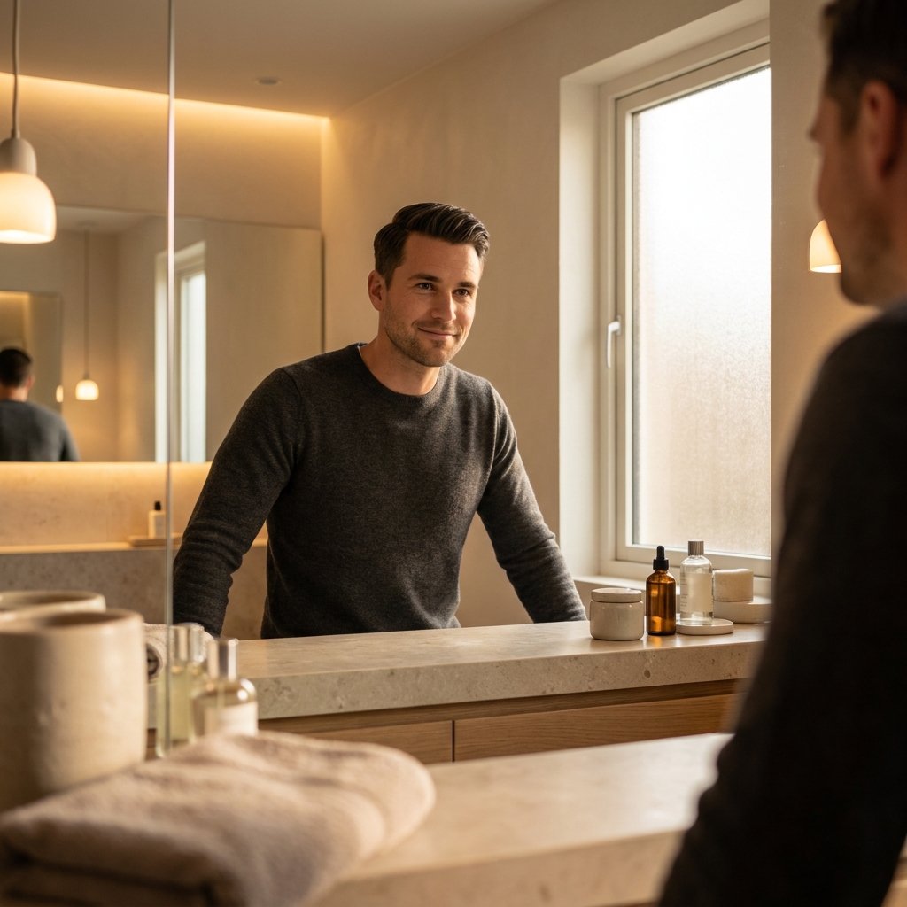 Confident man styling thinning hair in a modern bathroom with grooming products on the counter. Confident man styling thinning hair in a modern bathroom with grooming products on the counter.