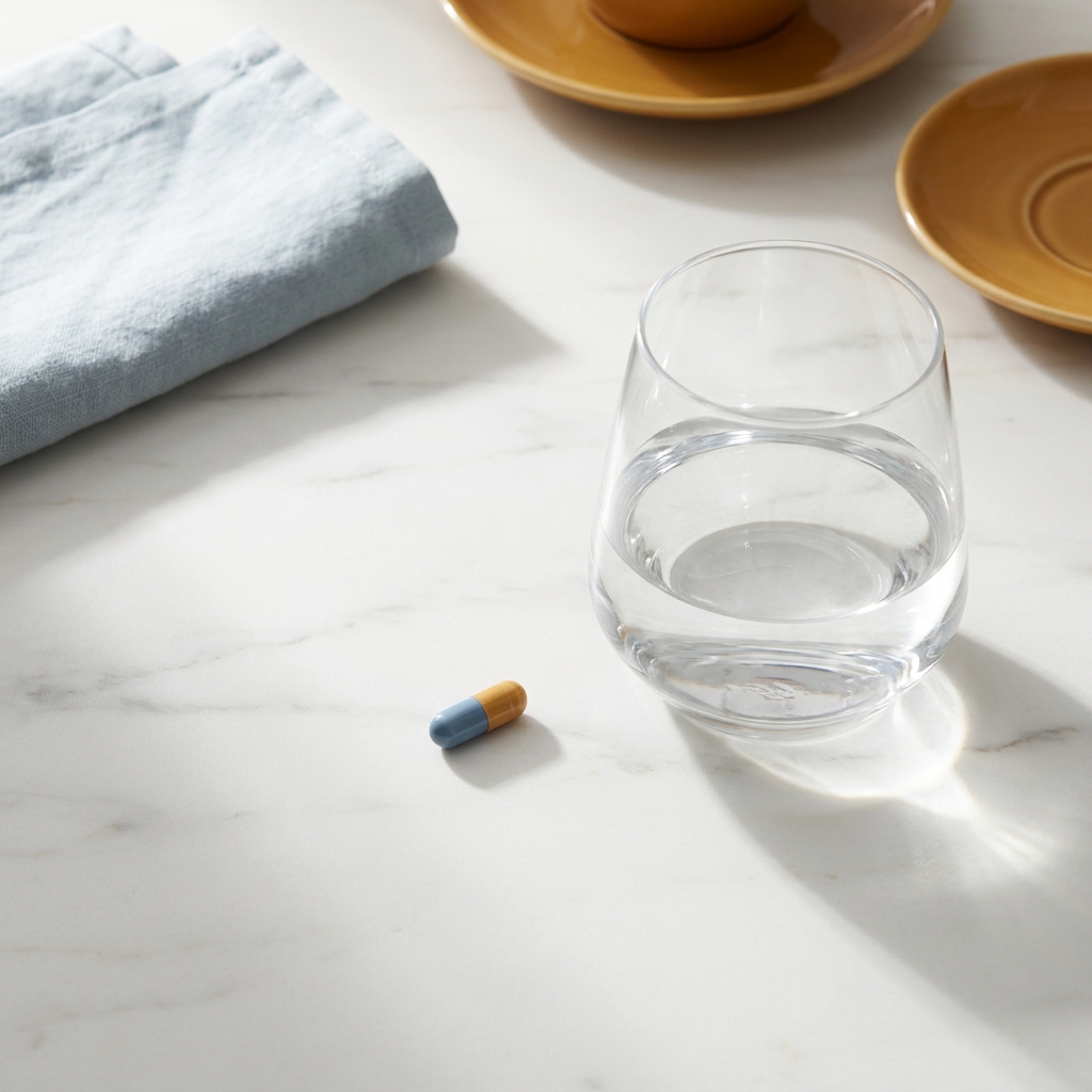Single oral capsule on clean marble surface — a no greasy hair loss treatment alternative to messy topicals.