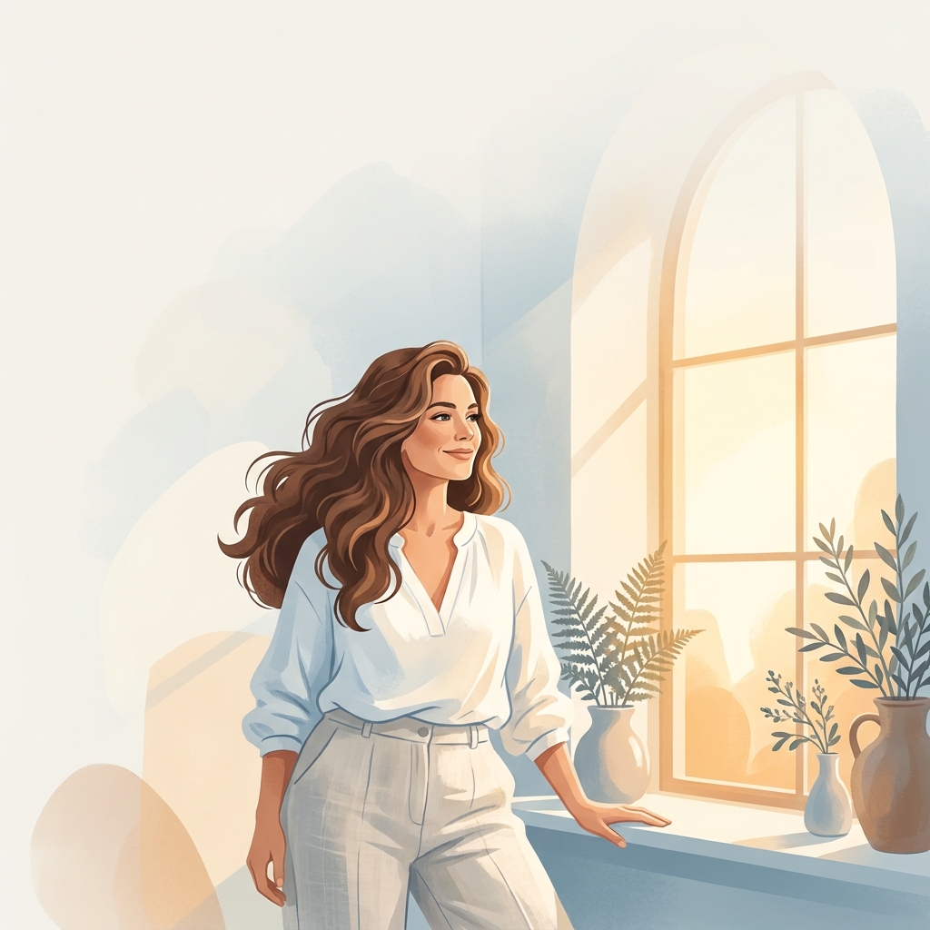 Confident woman with healthy full hair representing DHT blocker solutions designed for female biology Confident woman with healthy full hair representing DHT blocker solutions designed for female biology