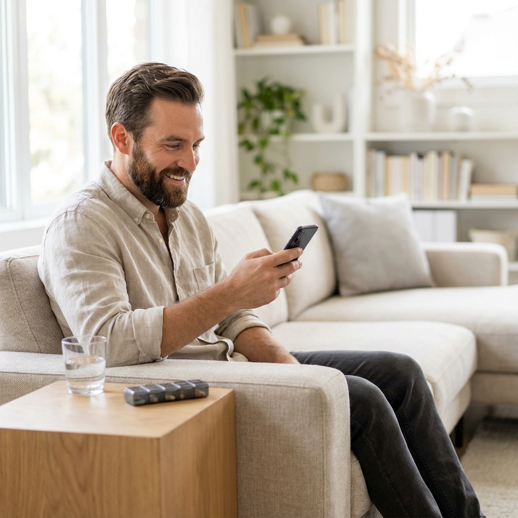 Man using telehealth weight loss programs model for convenient at-home hair loss treatment via smartphone Man using telehealth weight loss programs model for convenient at-home hair loss treatment via smartphone