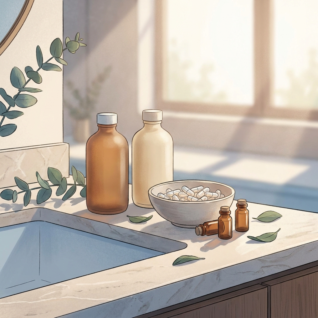 Premium shampoo and conditioner bottles for hair regrowth arranged on a clean modern countertop with botanical accents Premium shampoo and conditioner bottles for hair regrowth arranged on a clean modern countertop with botanical accents