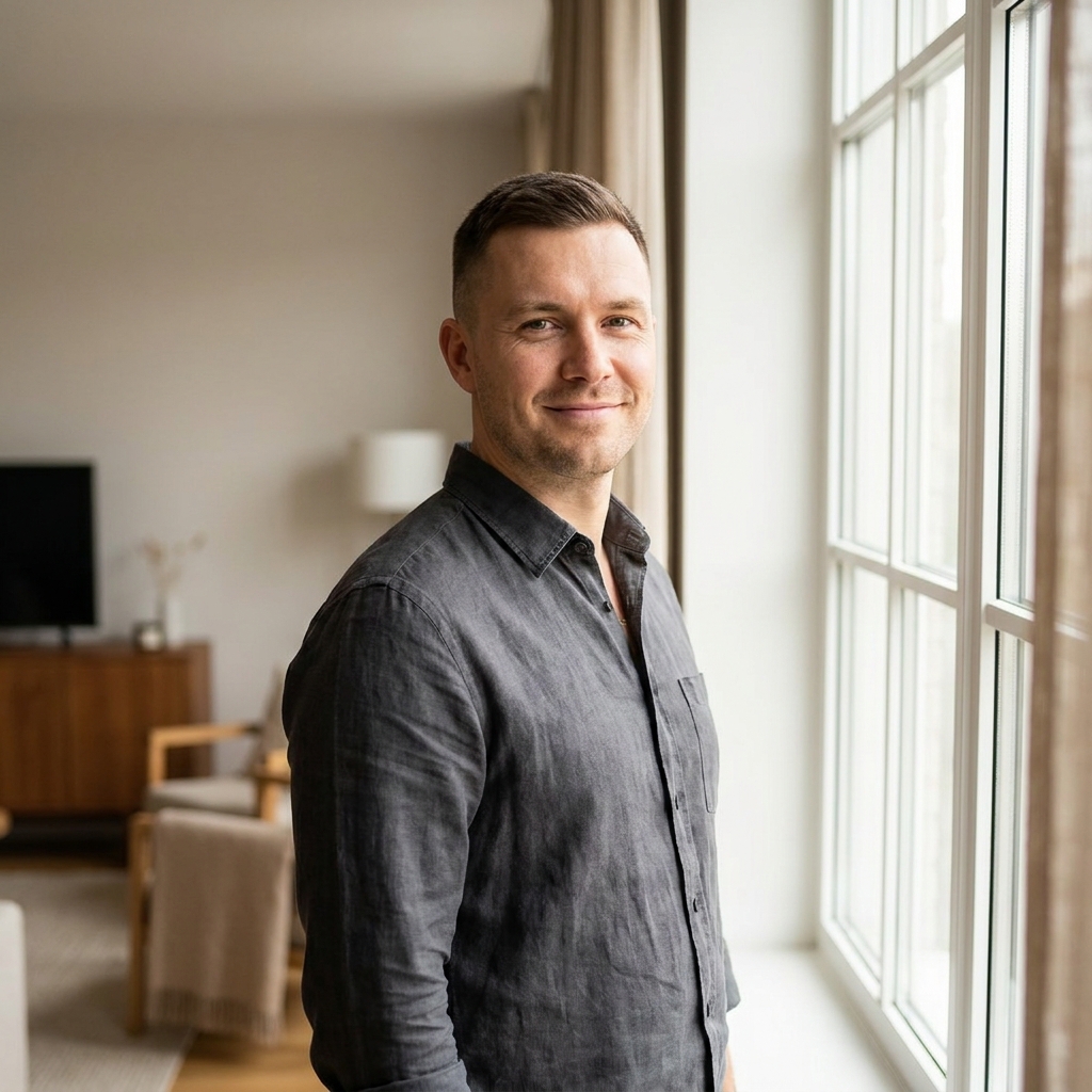 Confident man with well-styled thinning hair looking assured — finding the right hair style for thinning hair men.