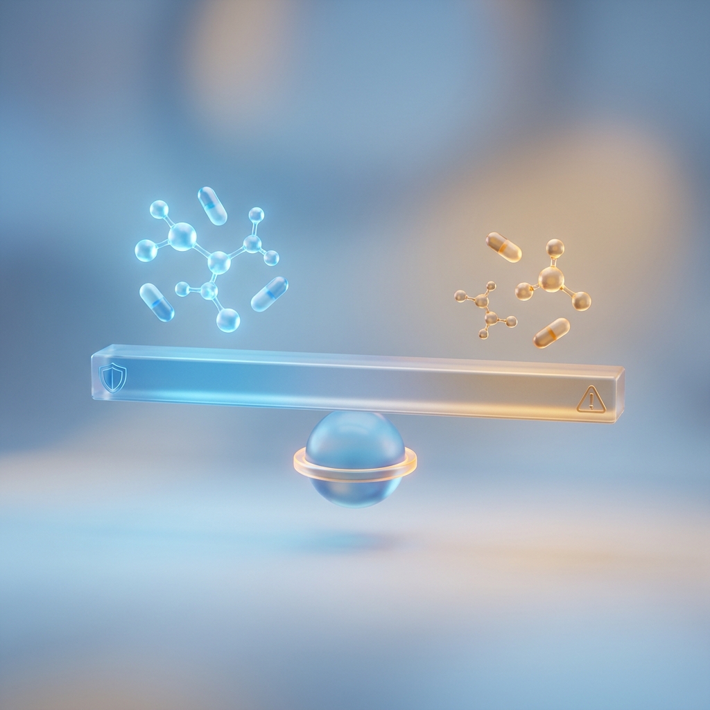 Conceptual illustration representing DHT blocker side effects risk spectrum with balanced scale and molecular elements
