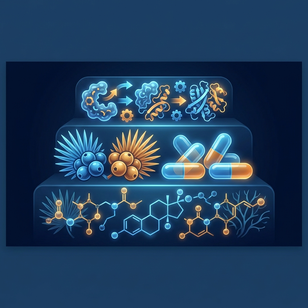 Scientific illustration comparing DHT blocker supplement tiers with botanical and molecular elements on dark blue background