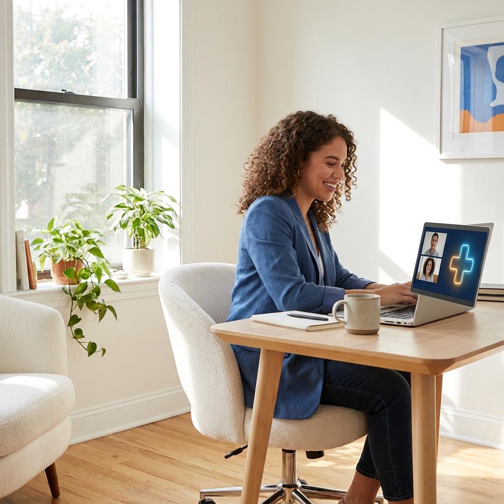 Professional using laptop at home, symbolizing growth in telehealth PT jobs and virtual care.