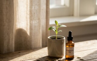 Natural ingredients like rosemary oil and seeds symbolizing hair regrowth naturally