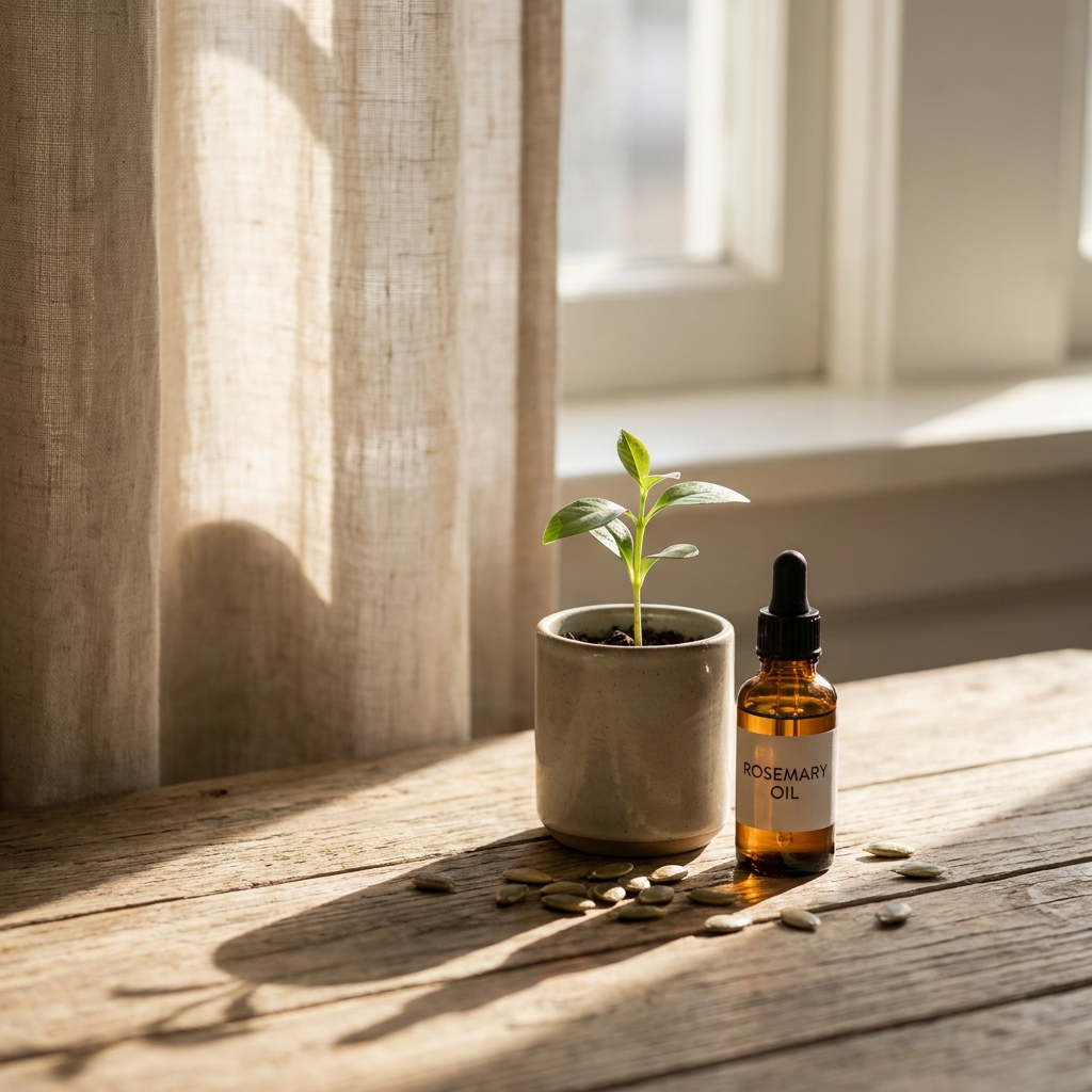 Natural ingredients like rosemary oil and seeds symbolizing hair regrowth naturally