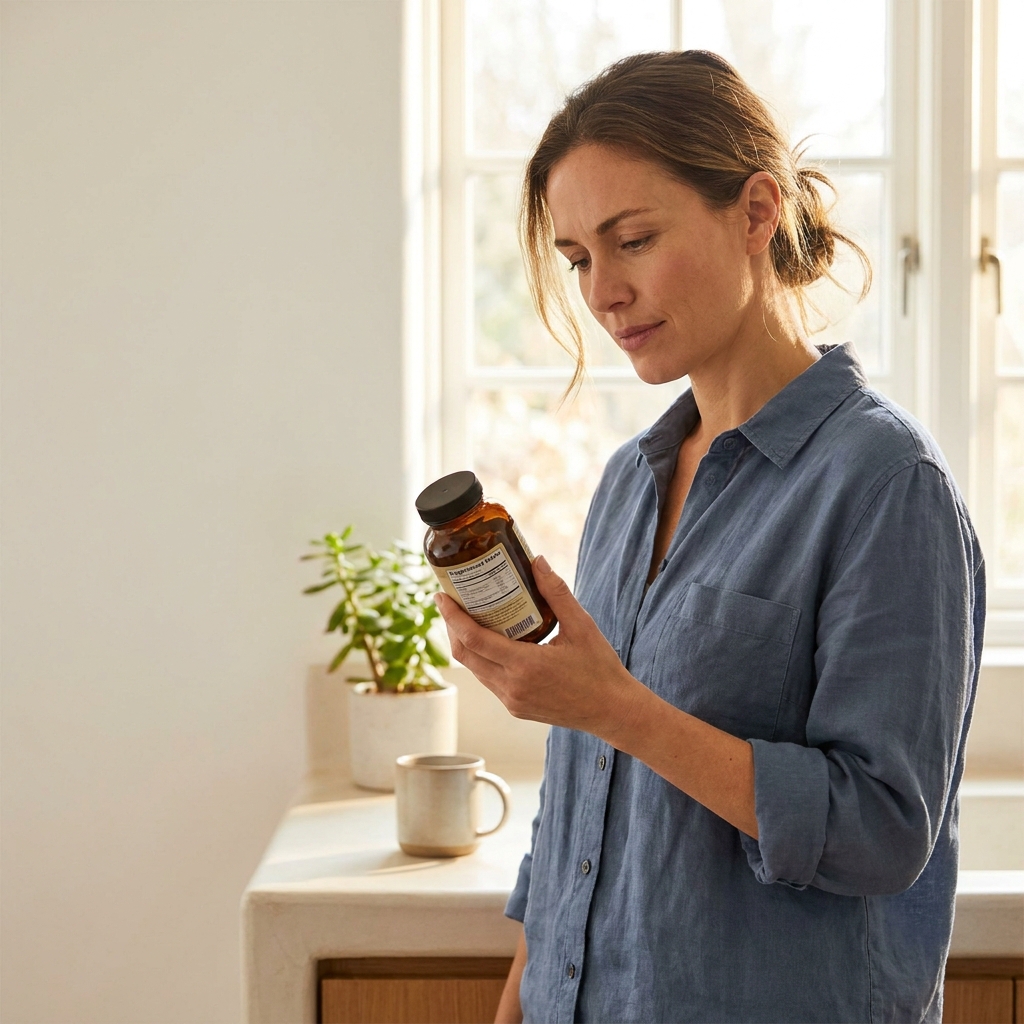 Woman reading a DHT blocker supplement for women label critically in soft natural light