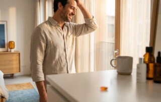 Confident man with healthy hair representing benefits of topical dutasteride vs oral finasteride treatment