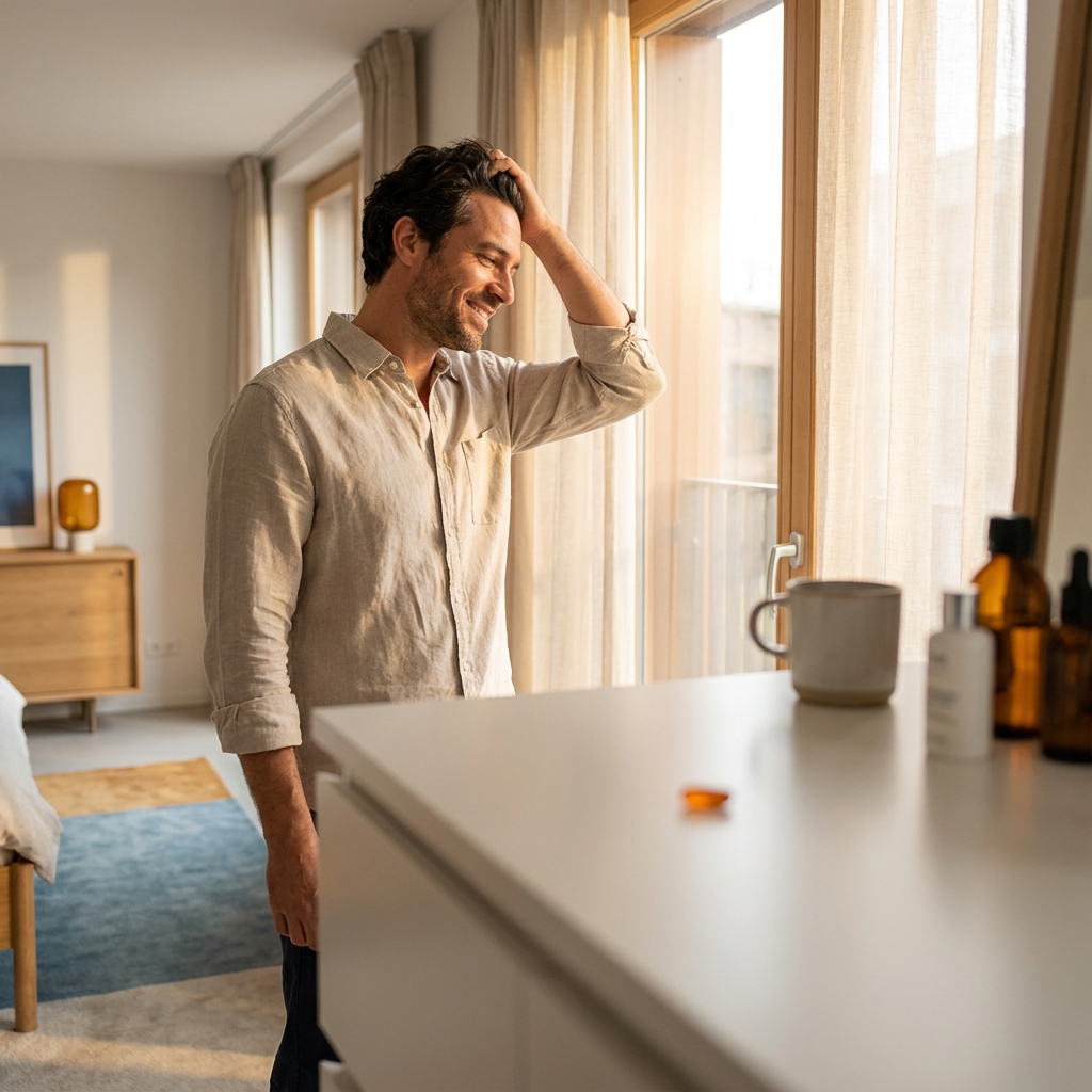 Confident man with healthy hair representing benefits of topical dutasteride vs oral finasteride treatment