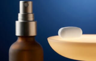 Dutasteride spray bottle beside an oral capsule, symbolizing hair loss treatment comparison