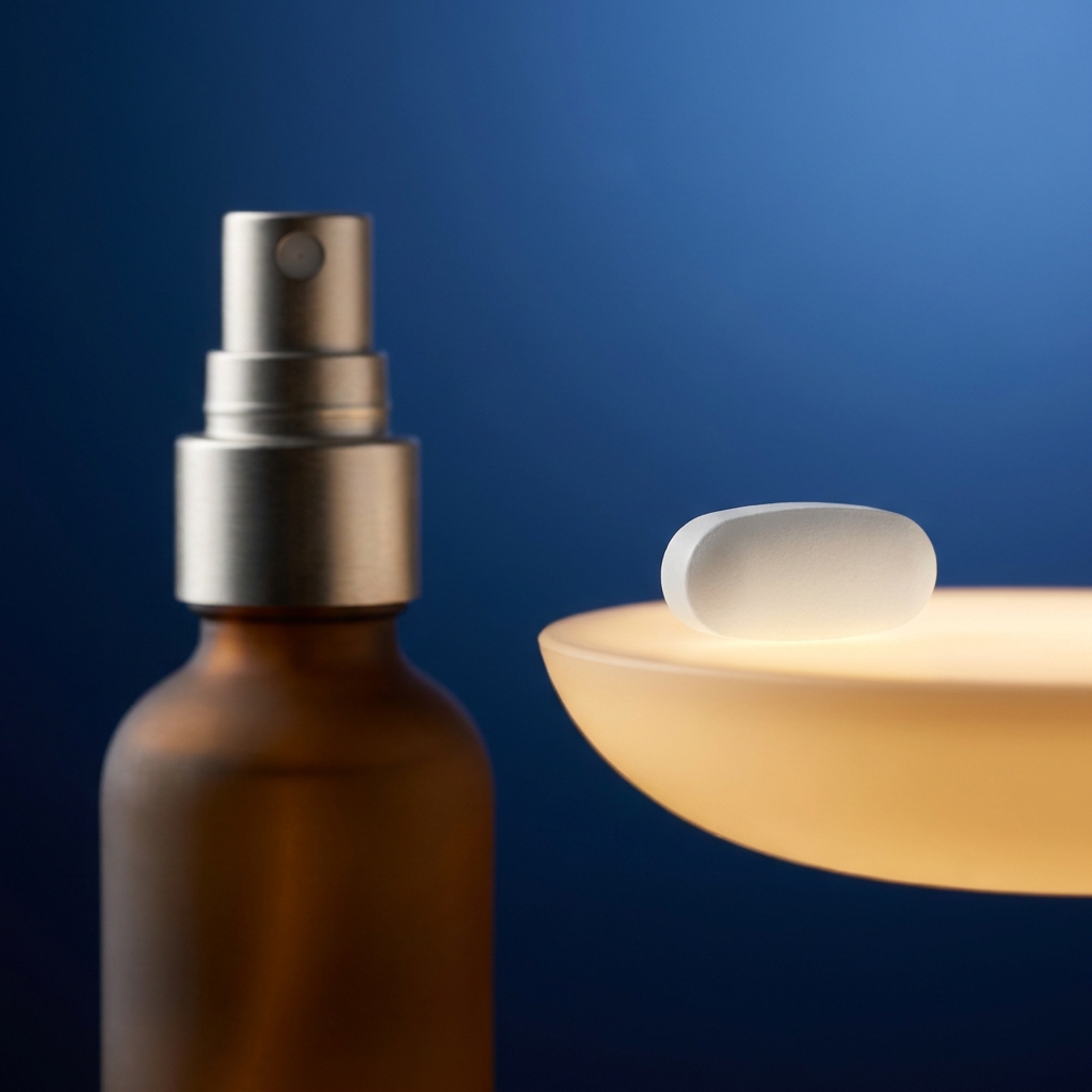 Dutasteride spray bottle beside an oral capsule, symbolizing hair loss treatment comparison Dutasteride spray bottle beside an oral capsule, symbolizing hair loss treatment comparison